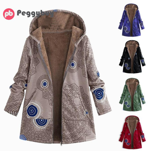 Winter Jacket Women Coat Warm Pockets Zipper Print Ethnic Style Outwear Hooded Pockets Slim Oversize Coats Dropshipping