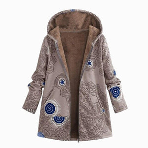 Winter Jacket Women Coat Warm Pockets Zipper Print Ethnic Style Outwear Hooded Pockets Slim Oversize Coats Dropshipping