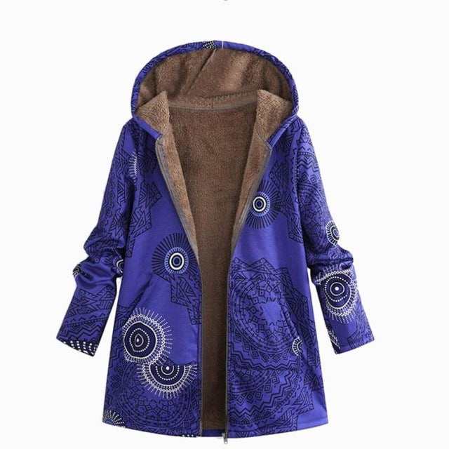 Winter Jacket Women Coat Warm Pockets Zipper Print Ethnic Style Outwear Hooded Pockets Slim Oversize Coats Dropshipping