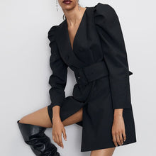 Load image into Gallery viewer, Black V-Neck Women&#39;s Dress Coats With Belt Long Puff Sleeve Double Breasted Female Jackets 2020 Autumn Fashion Casual Lady Coat