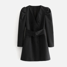 Load image into Gallery viewer, Black V-Neck Women&#39;s Dress Coats With Belt Long Puff Sleeve Double Breasted Female Jackets 2020 Autumn Fashion Casual Lady Coat