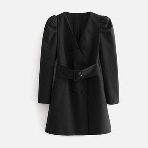 Black V-Neck Women's Dress Coats With Belt Long Puff Sleeve Double Breasted Female Jackets 2020 Autumn Fashion Casual Lady Coat