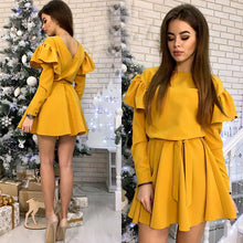 Load image into Gallery viewer, Women Sashes Sweet Ruffles a Line Party Dress Ladies Long Sleeve o Neck Elegant Dress 2019 New Fashion Women Mini Dress Vintage