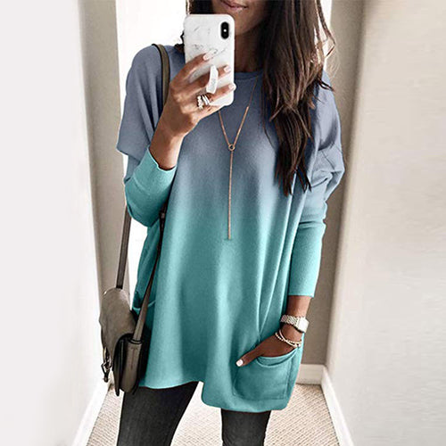 O-neck Long Sleeve Gradient Color Loose Casual Dress Women 2019 Spring Autumn Pocket Long Tops Plus Size 5xl Ladies Dresses