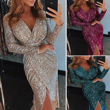 Load image into Gallery viewer, Rose Gold Sequin Party Dress Shiny Ruched Thigh Slit Dress Sukienka Deep V Sequin Formal Dress Women Elegant Robe Femme Ete 2019