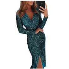 Load image into Gallery viewer, Rose Gold Sequin Party Dress Shiny Ruched Thigh Slit Dress Sukienka Deep V Sequin Formal Dress Women Elegant Robe Femme Ete 2019