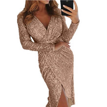 Load image into Gallery viewer, Rose Gold Sequin Party Dress Shiny Ruched Thigh Slit Dress Sukienka Deep V Sequin Formal Dress Women Elegant Robe Femme Ete 2019