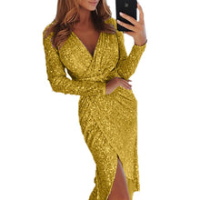 Load image into Gallery viewer, Rose Gold Sequin Party Dress Shiny Ruched Thigh Slit Dress Sukienka Deep V Sequin Formal Dress Women Elegant Robe Femme Ete 2019