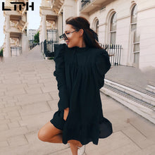 Load image into Gallery viewer, Hot 2019 autumn new fashion women&#39;s temperament commuter puff sleeve small high collar natural A word knee Chiffon dress