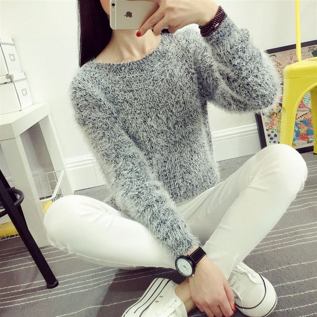 2016 Women Candy Colors Sweaters Fashion Autumn Winter Warm Mohair O-Neck Pullover Long Sleeve Casual Loose Sweater Knitted Tops