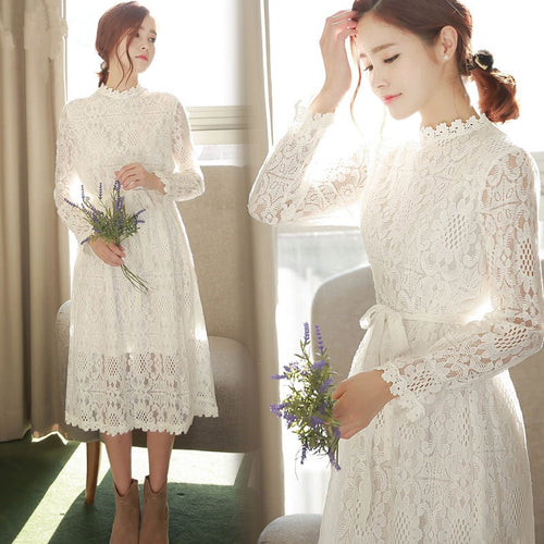 New Spring Autumn Dress Bow Full Sleeve Lace Long Dresses White 2019