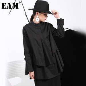 [EAM] 2019 Spring Plus Size Long Shirts Women Blouses Long-sleeve White Loose Tops Black White Cotton Shirt Big Size C006111