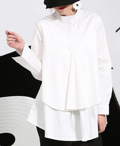 [EAM] 2019 Spring Plus Size Long Shirts Women Blouses Long-sleeve White Loose Tops Black White Cotton Shirt Big Size C006111