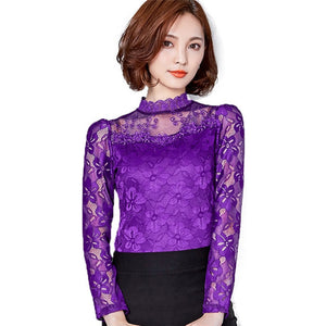 Femininas Blusas 2019 Women Blouses Spring Autumn Fashion Sexy Slim Shirt Tops Lace Long Sleeve O-Neck Leisure Black/White S-5XL