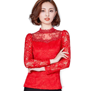 Femininas Blusas 2019 Women Blouses Spring Autumn Fashion Sexy Slim Shirt Tops Lace Long Sleeve O-Neck Leisure Black/White S-5XL