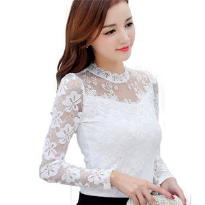 Femininas Blusas 2019 Women Blouses Spring Autumn Fashion Sexy Slim Shirt Tops Lace Long Sleeve O-Neck Leisure Black/White S-5XL