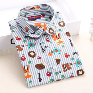 Dioufond Cotton Long Sleeve Women Blouses School Work Office Shirts Casual Tops Ladies Cherry Print Shirt Women Fashion Clothing