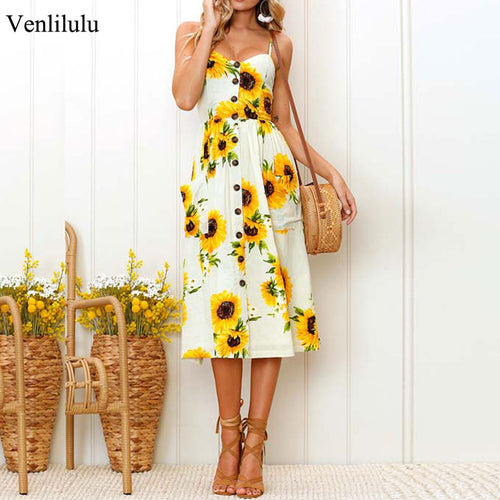 2019 Summer Sunflower Dress Women Party Dress Plus Size Flower Beach Dress Female Floral Backless Midi Striped Dress Ladies 3XL