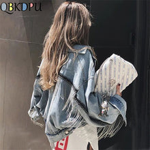 Load image into Gallery viewer, Women bat sleeve tassel short loose burr denim jacket Female Fashion new boyfrieds outwear 2019 Autumn Streetwear jean coat