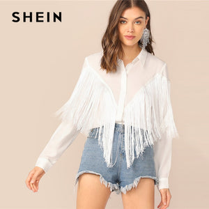 SHEIN Chevron Fringe Trim Women Shirts Ladies Tops 2019 Long Sleeve Placket Spring Summer White Blouse Casual Solid Shirt