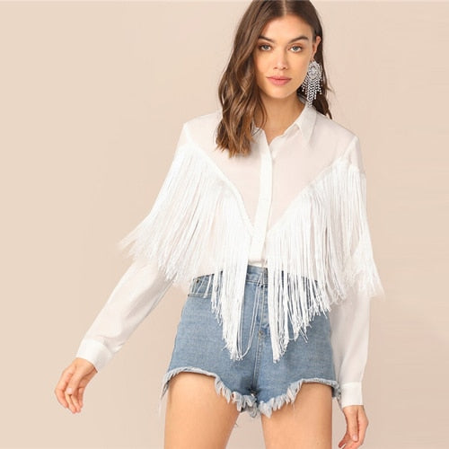 SHEIN Chevron Fringe Trim Women Shirts Ladies Tops 2019 Long Sleeve Placket Spring Summer White Blouse Casual Solid Shirt